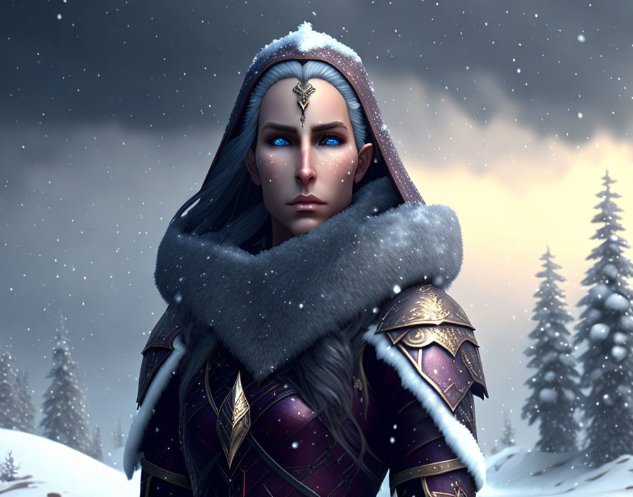 Dark-haired elf in ornate armor against snowy forest.