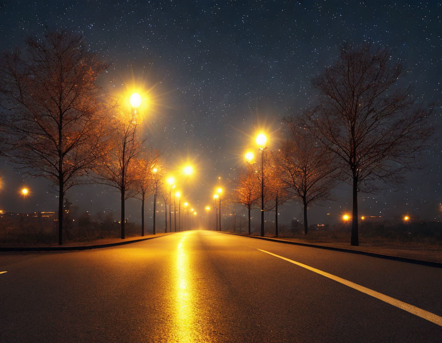 Serene night scene: illuminated street lamps, empty road, starry sky, leafless trees.