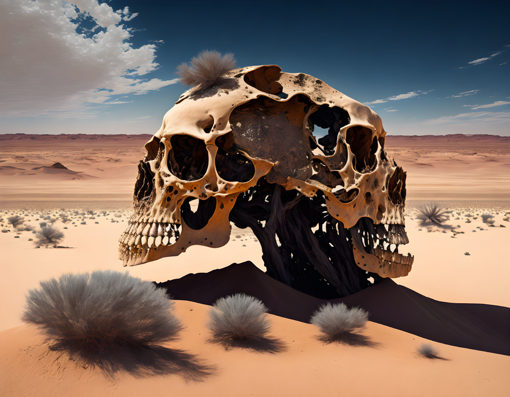 Gigantic skull half-buried in desert with dunes