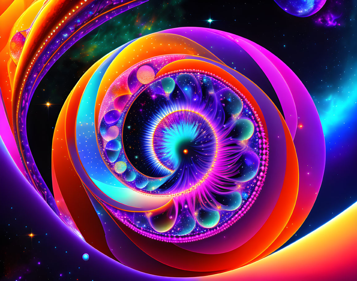 Colorful Abstract Cosmic Artwork with Swirling Patterns and Glowing Orbs