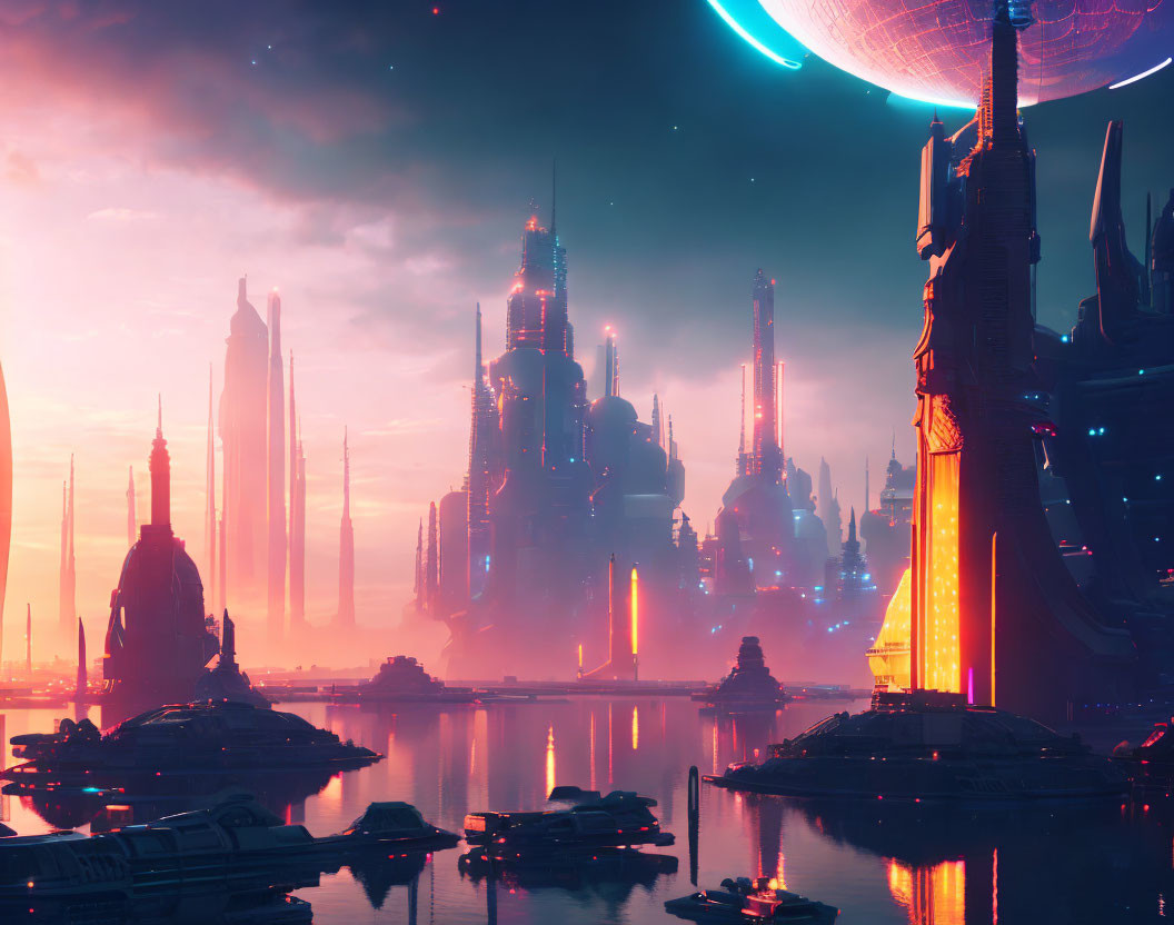 Futuristic twilight cityscape with skyscrapers, glowing lights, and large sphere in sky