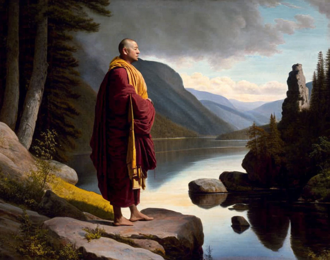 Monk in orange robes on rocky outcrop above mountain lake