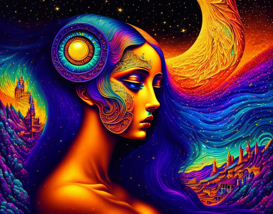 Colorful digital artwork: Woman with face patterns in cosmic scenery