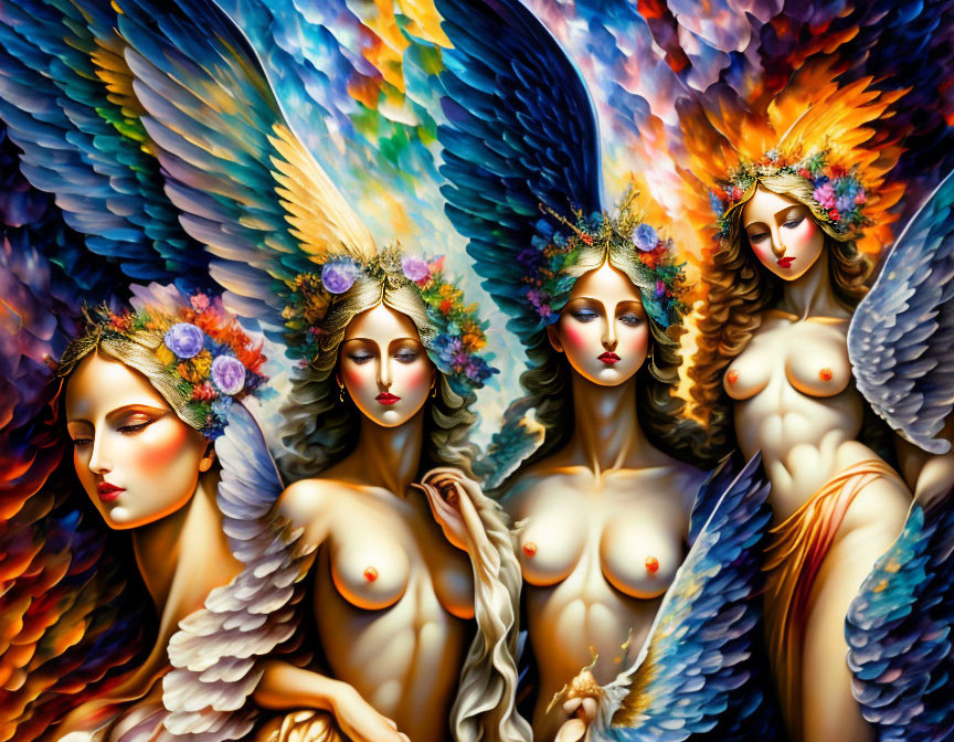 Four angelic figures with intricate wings and floral headpieces in warm colors.