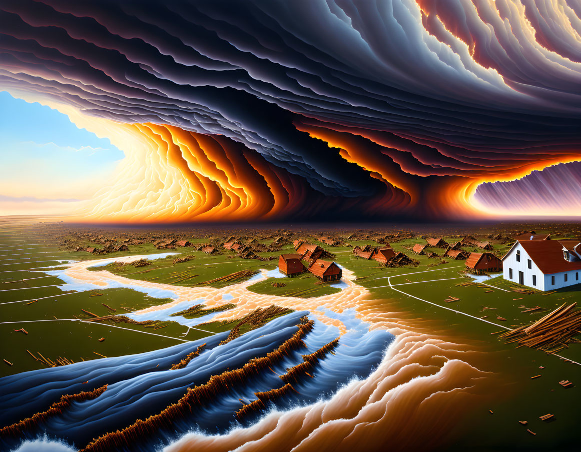 Surreal landscape with massive wave-like cloud over rural area