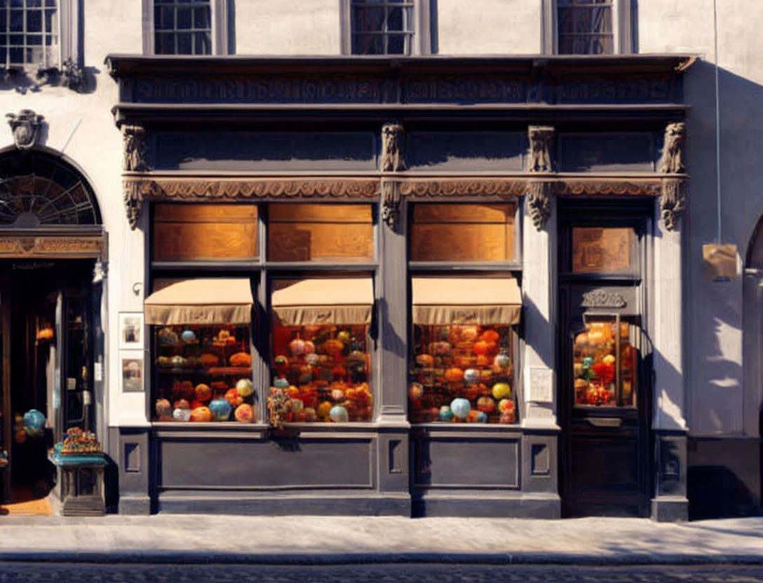 Vintage shopfront with colorful fruit display and ornate wooden facade