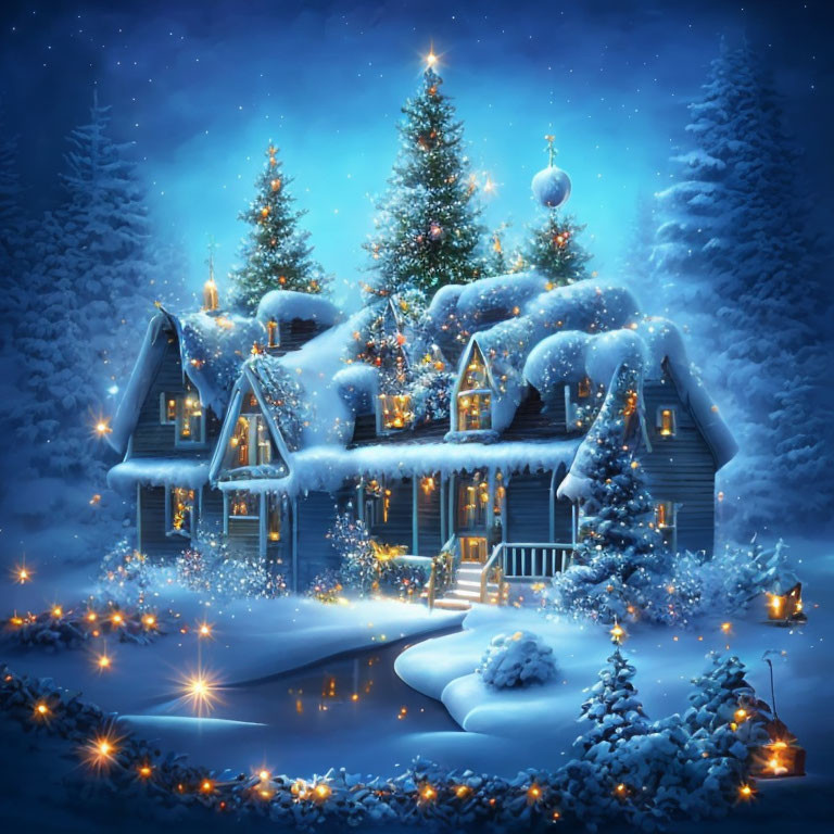 Snow-covered cottage with glowing lights and Christmas trees in serene winter night.