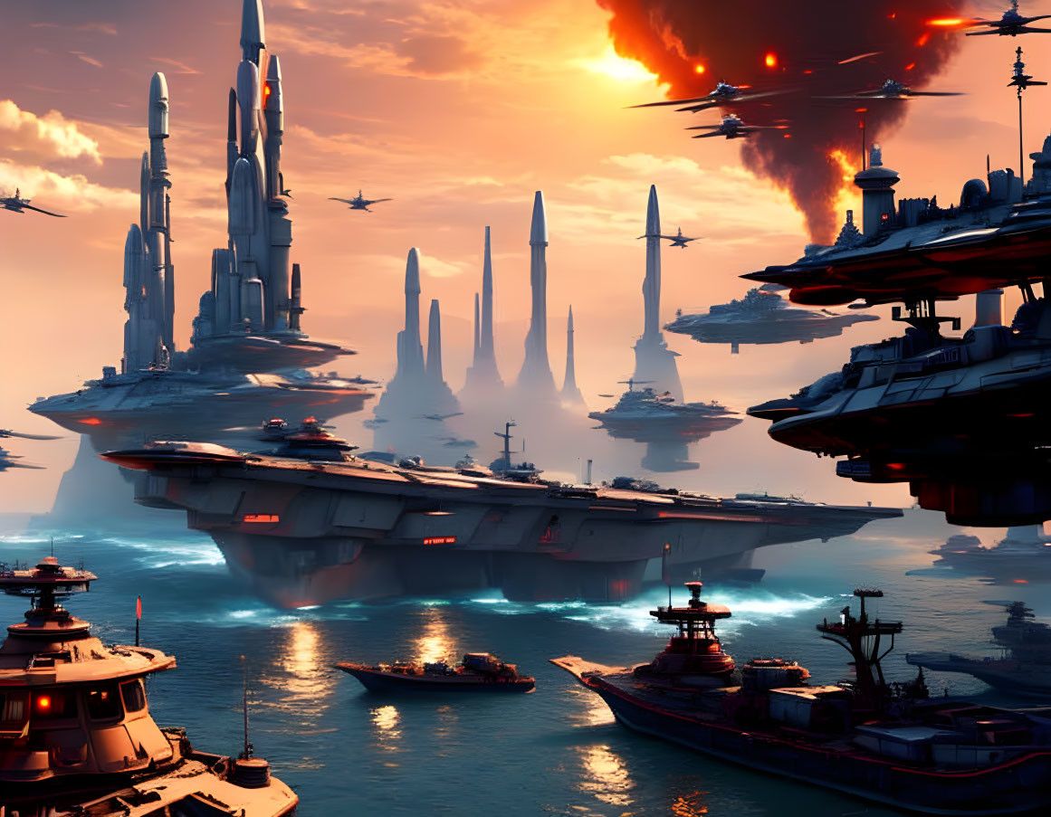 Futuristic cityscape with tall spires, airships, and sea vessels at sunset