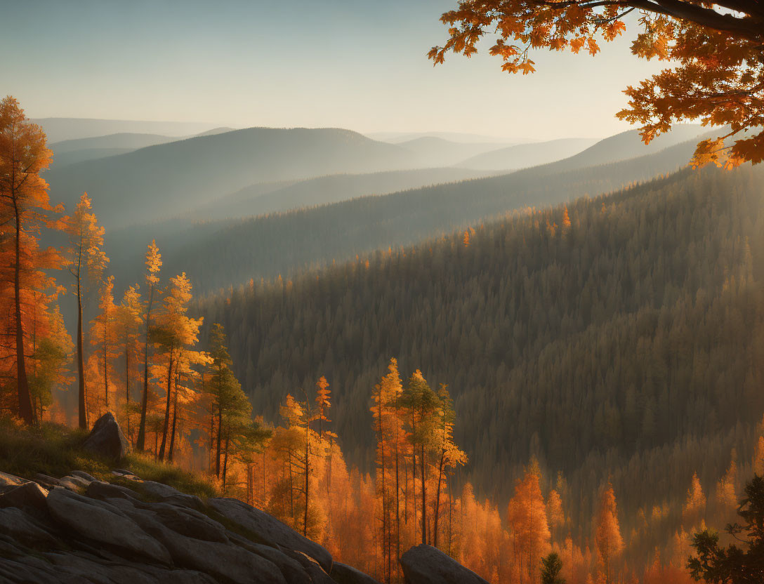 Golden sunlight on autumn forest and rolling hills