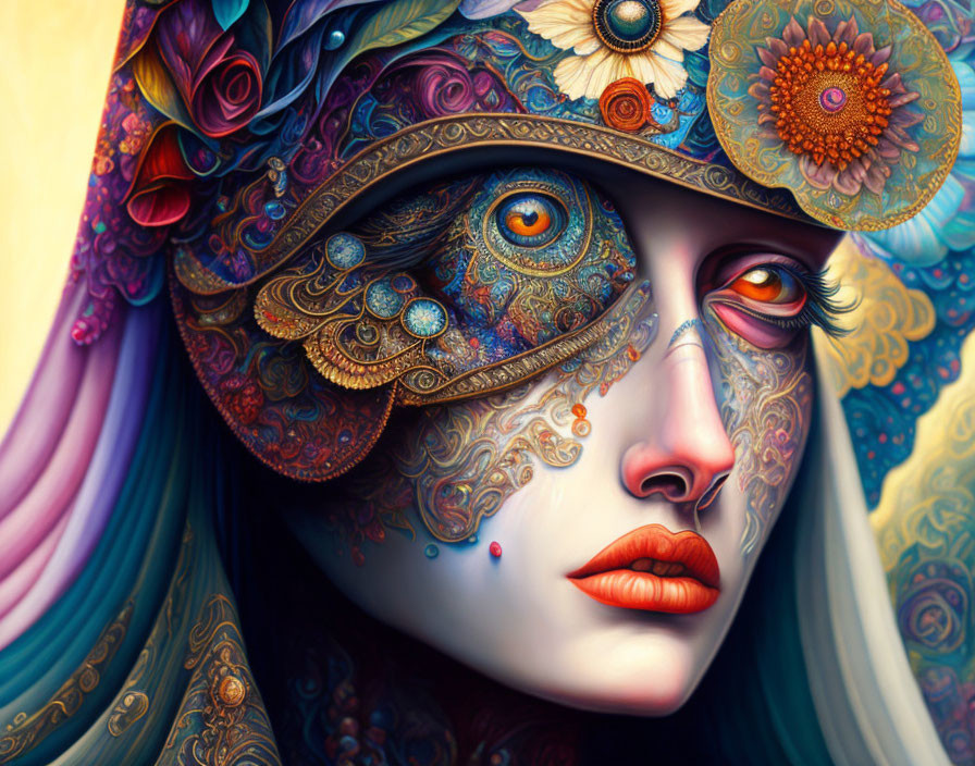 Colorful digital artwork: Woman with ornate mask and floral patterns