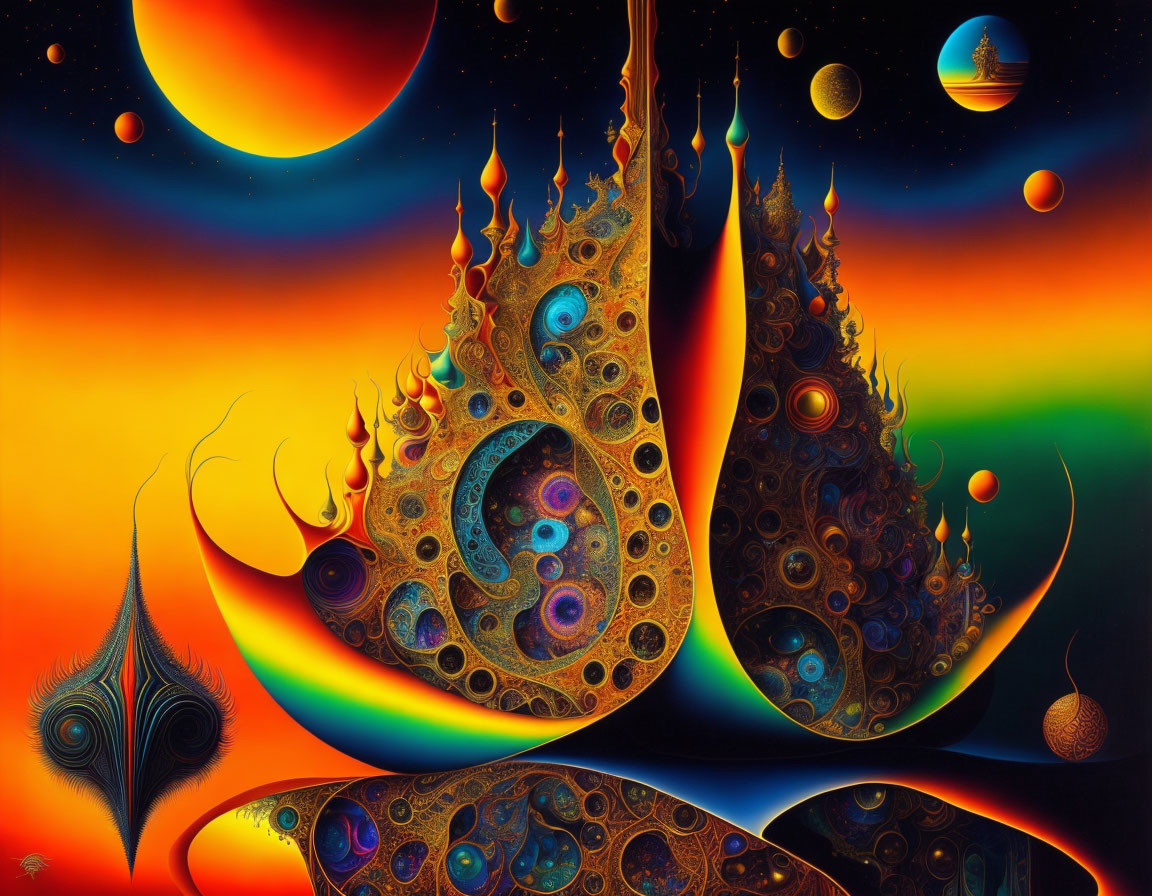 Colorful Abstract Artwork with Celestial Bodies and Surreal Landscapes