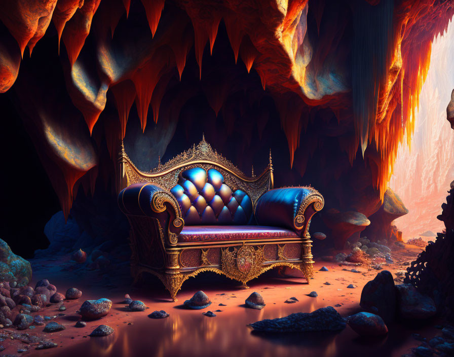 Golden throne with blue cushions in mystical cave with orange stalactites