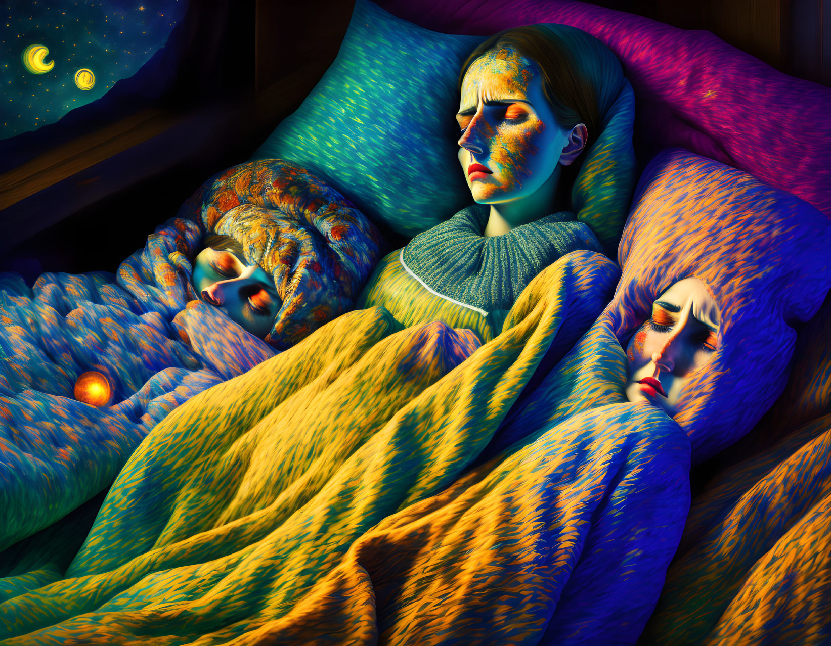 Surreal faces on vibrant bedspread with night sky view