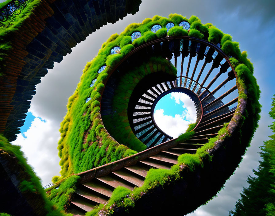 Spiral staircase intertwined with lush green overgrowth under vibrant blue sky