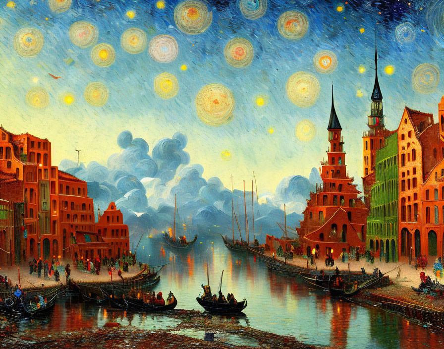 European cityscape: Starry night, canal boats, reflective buildings, vibrant sky