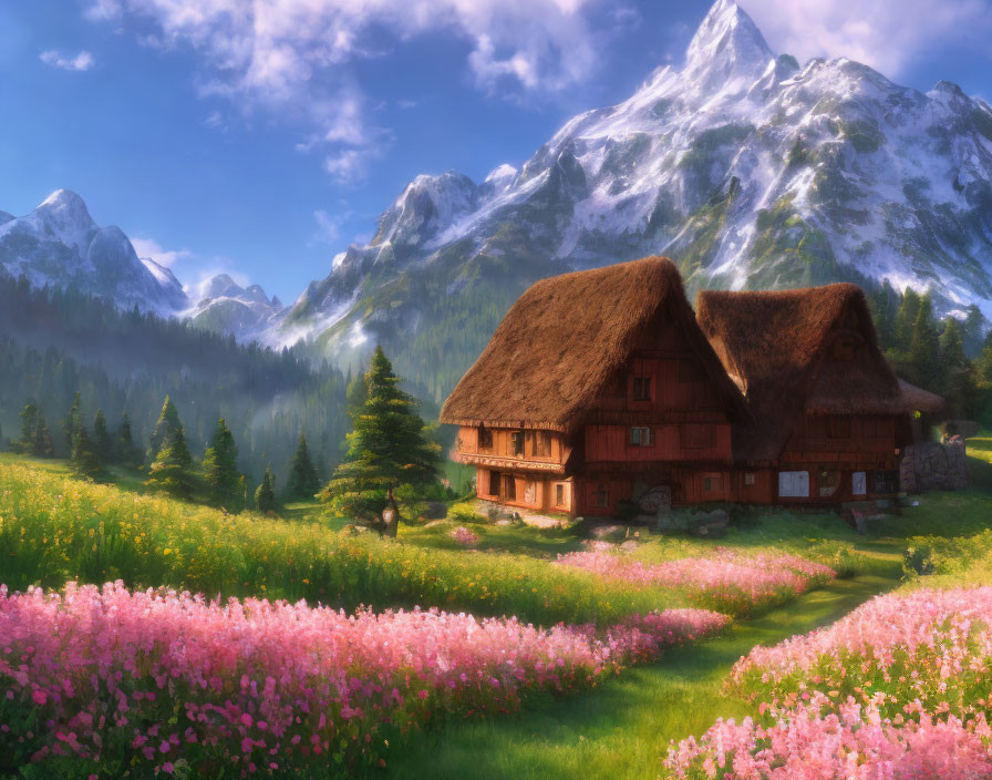 Scenic landscape: cottage with thatched roof, wildflowers, snow-capped mountains