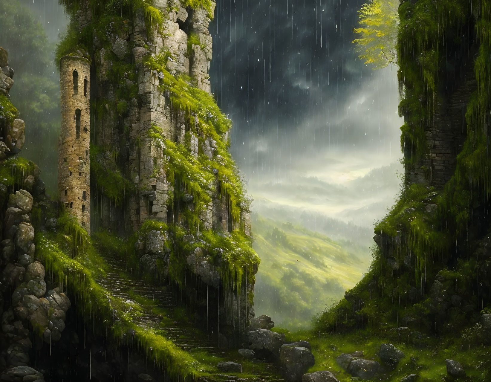 Ancient stone tower in lush greenery under gentle rain, overlooking serene valley.