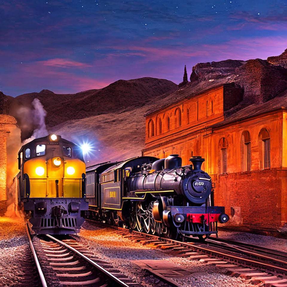 Vintage steam locomotive and modern diesel train on tracks at twilight with old station building