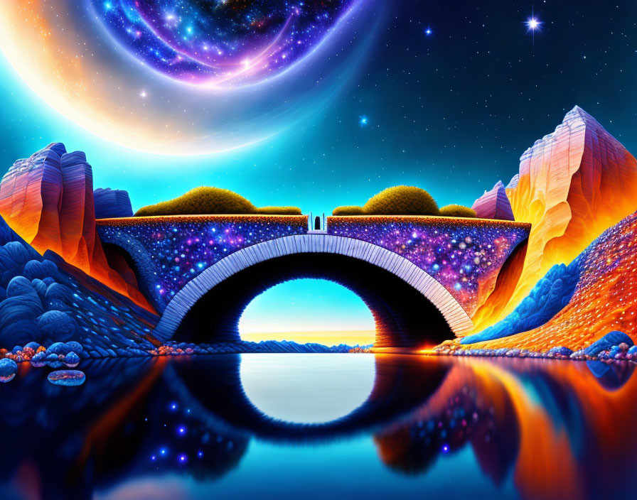 Colorful digital art: Stone bridge over water with fantastical landscapes under galaxy sky