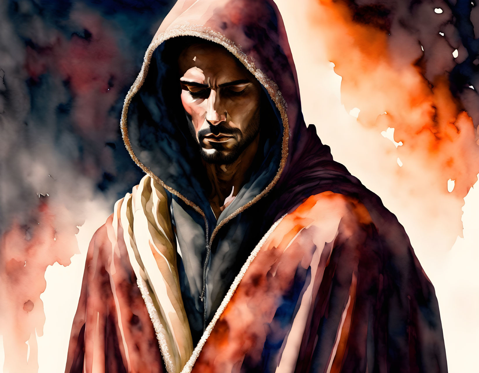 Colorful Watercolor Painting of a Hooded Man in Fiery Tones