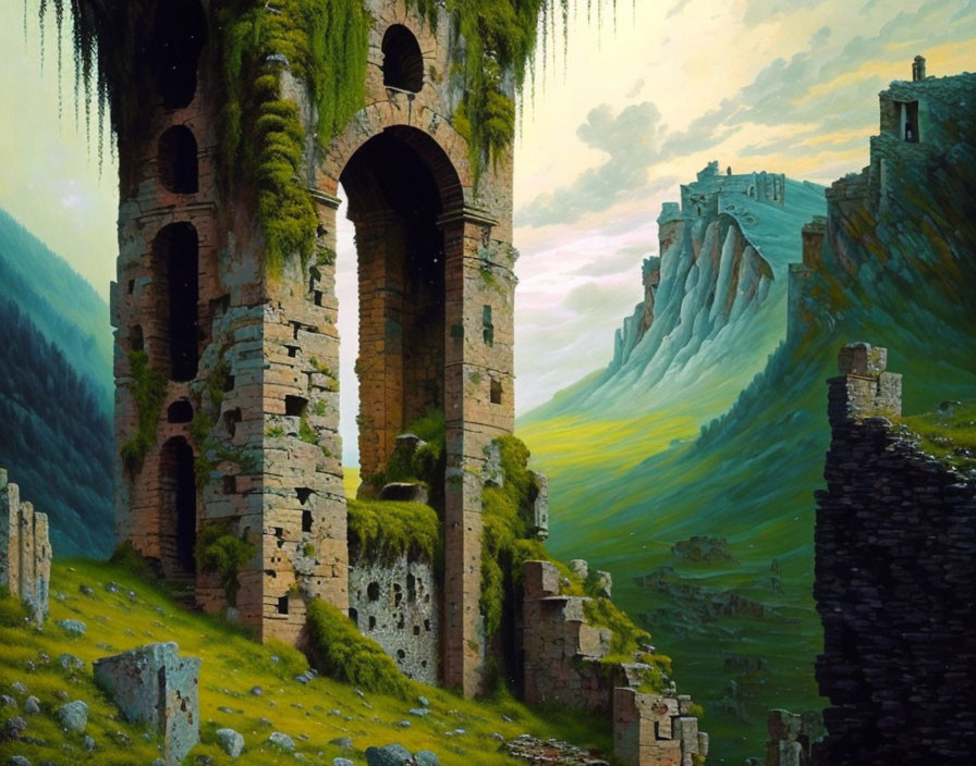 Ruined Stone Towers with Arched Windows on Grassy Landscape