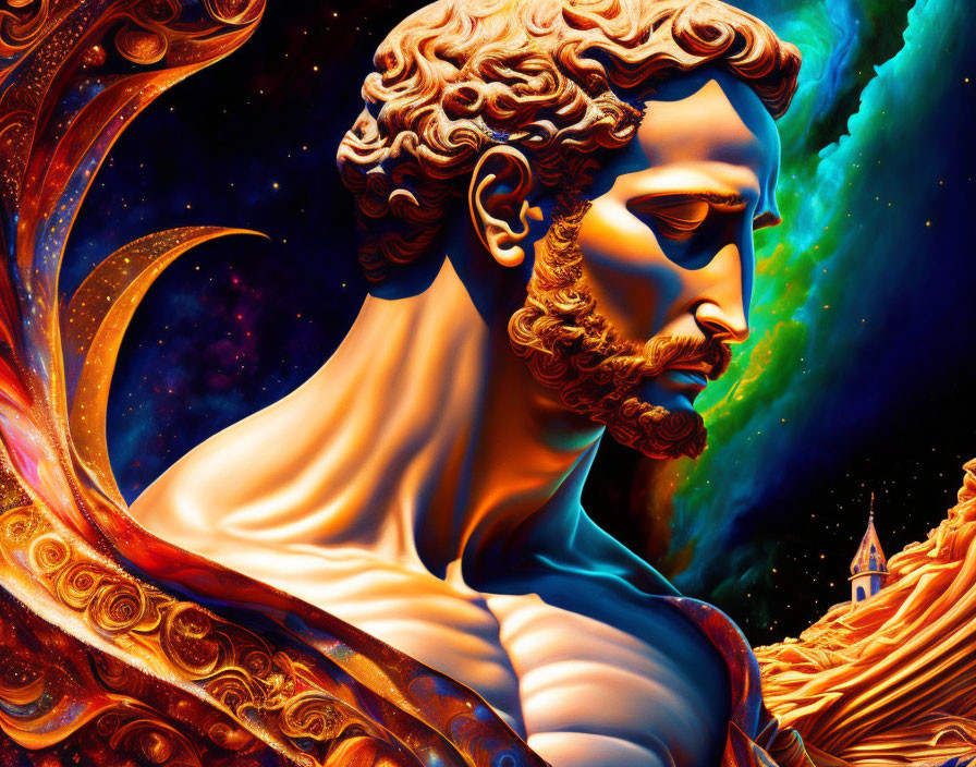 Surreal artwork of stylized man in cosmic setting