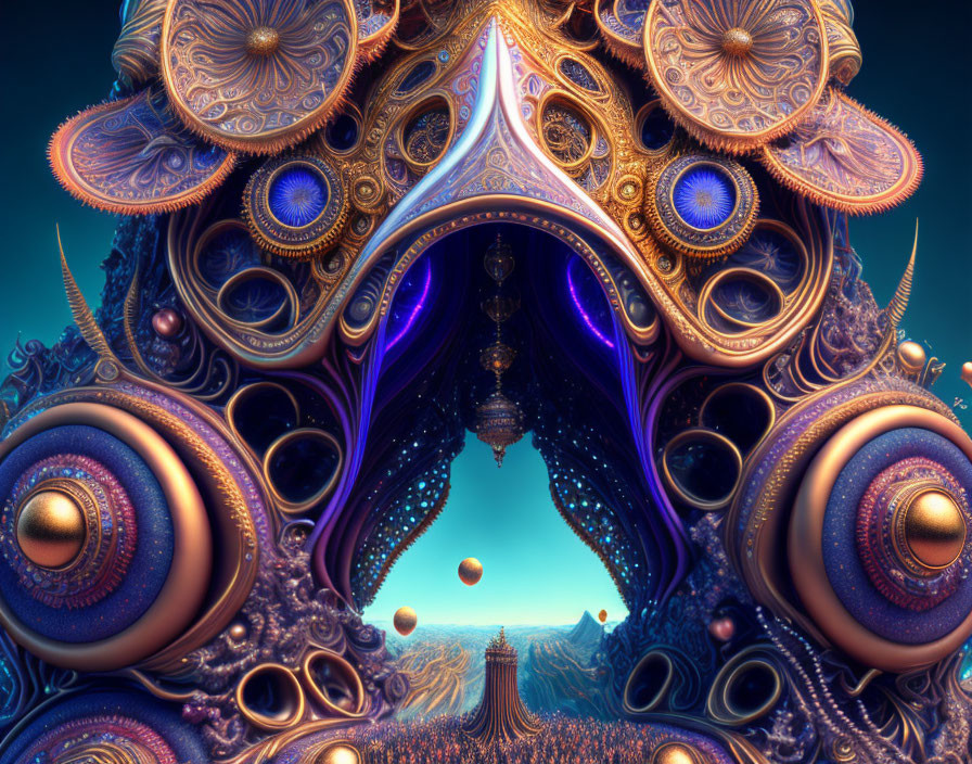 Vibrant Blue and Purple Fractal Art with Spheres