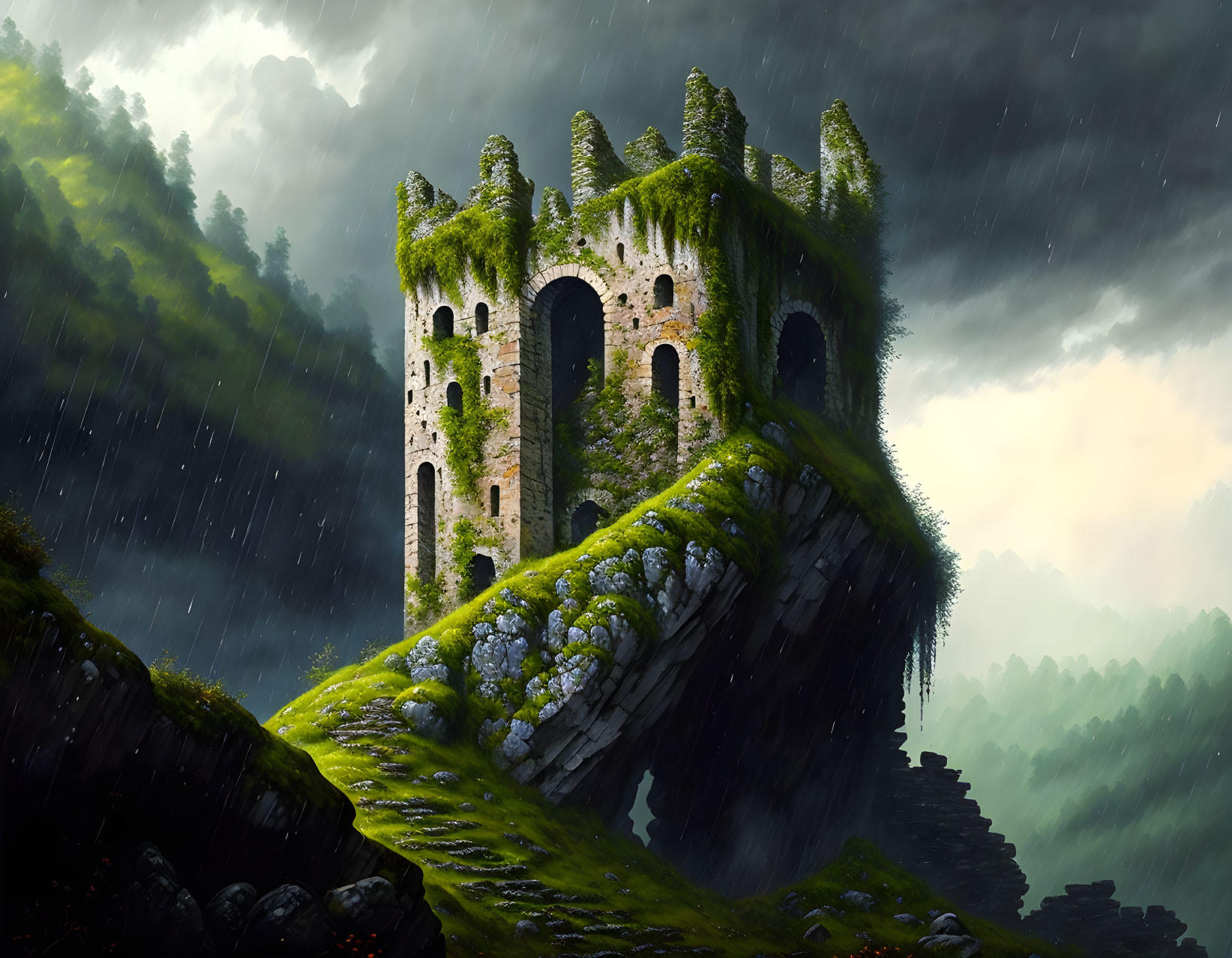 Moss-covered ancient castle ruin on steep cliff in stormy landscape