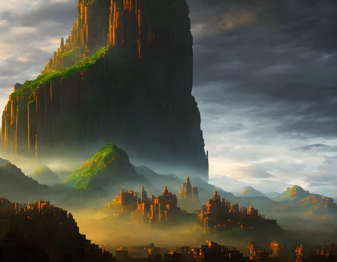 Majestic fantasy landscape with towering cliffs and golden city under dramatic sky