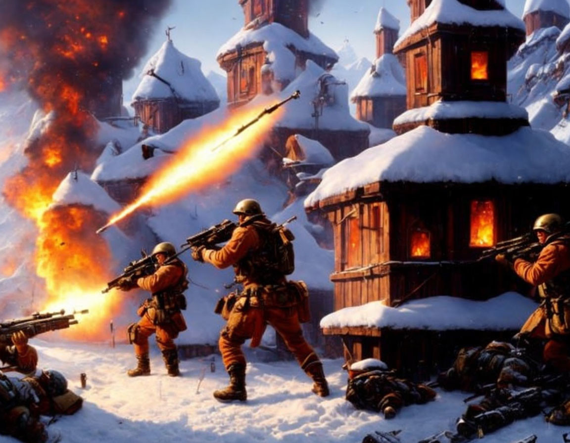 Military soldiers in winter combat amid burning structures and snowy landscape.