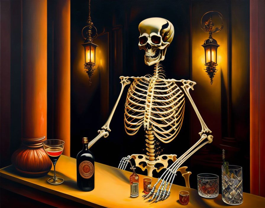 Surreal painting: Skeleton at bar with wine, bottle, and ashtray