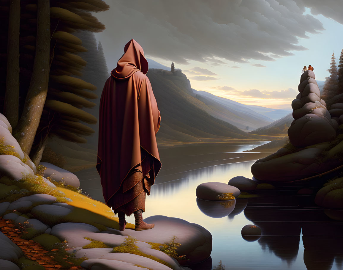 Cloaked figure by tranquil river at sunset with distant castle and two individuals.