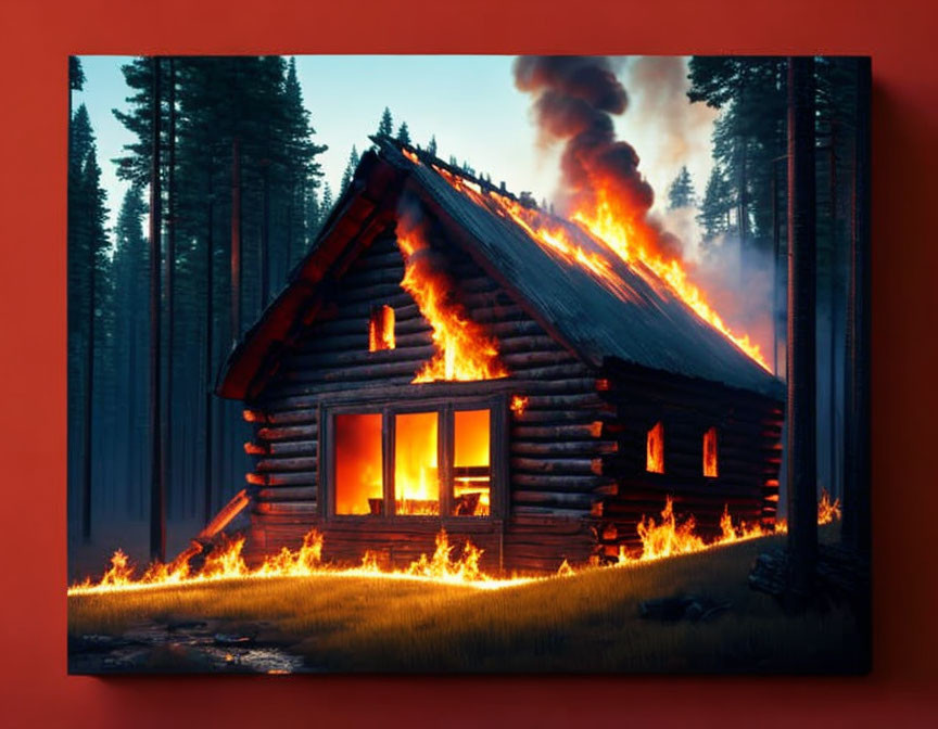 Burning wooden cabin in forest at dusk or night