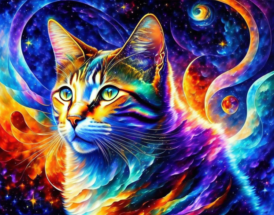 Colorful Cat Artwork Against Cosmic Background