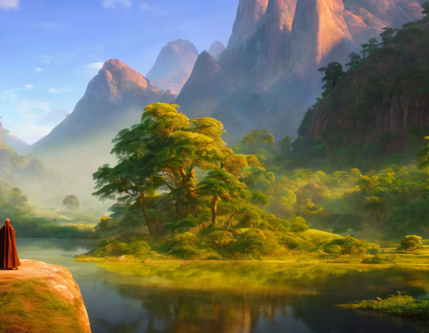 Tranquil landscape with figure on cliff, misty river, lush greenery, mountains