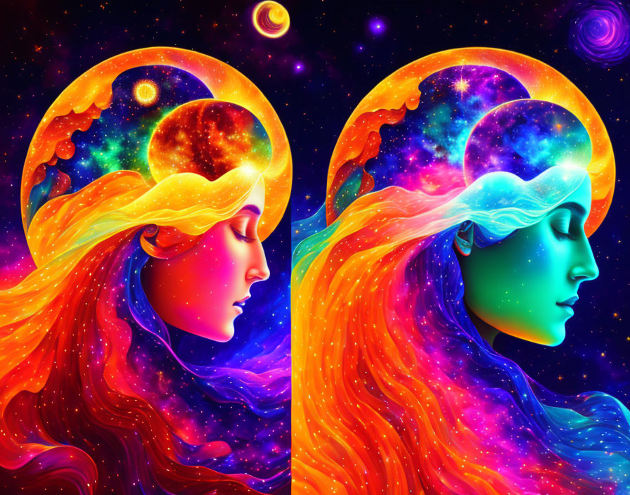 Colorful artwork of two female profiles with cosmic backgrounds and flowing hair in starry space theme