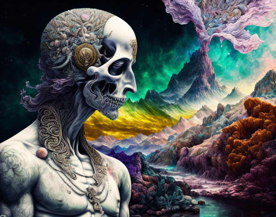 Skeletal figure with ornate head details in surreal landscape