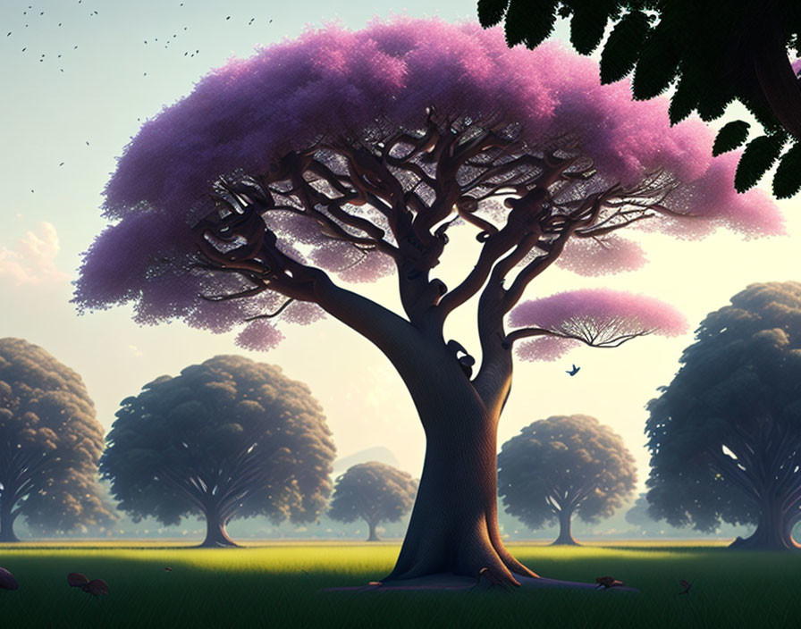 Whimsical tree illustration with purple foliage and animals in misty forest