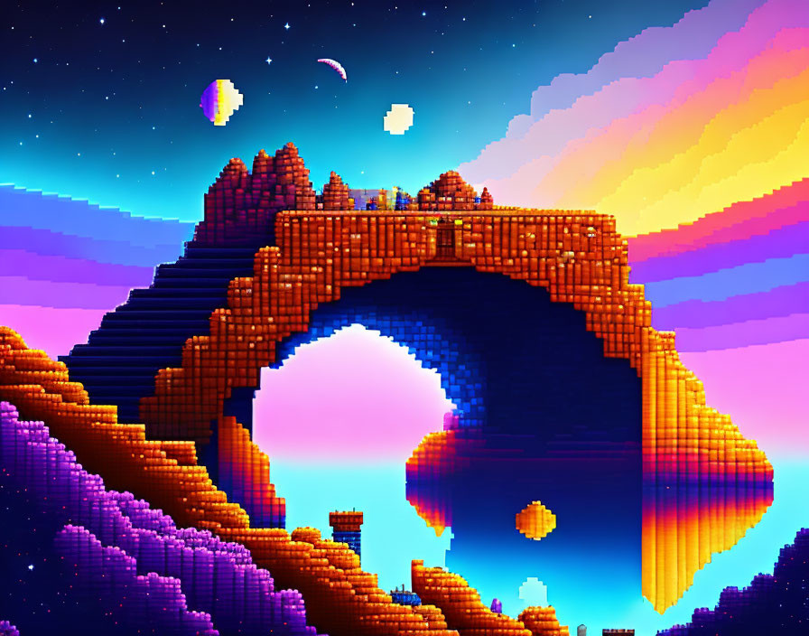 Colorful pixel art landscape with arching rock formation and floating islands at sunset