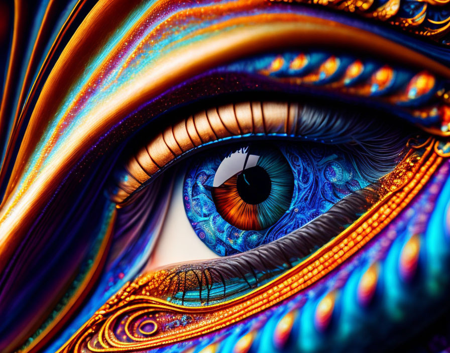 Colorful surreal eye close-up with fractal patterns and peacock feather textures