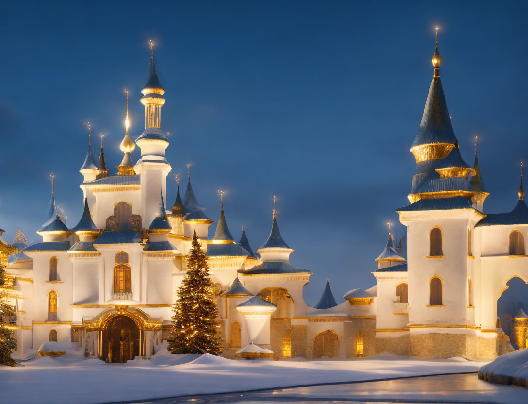 Enchanting fairytale castle with spires in twilight snowscape