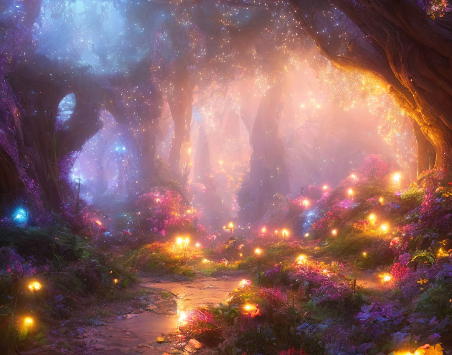 Mystical forest with glowing path, vibrant flowers, and starry sky