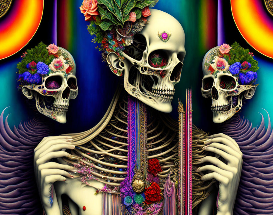 Colorful Skeletons with Floral Crowns and Ornate Necklaces on Abstract Background