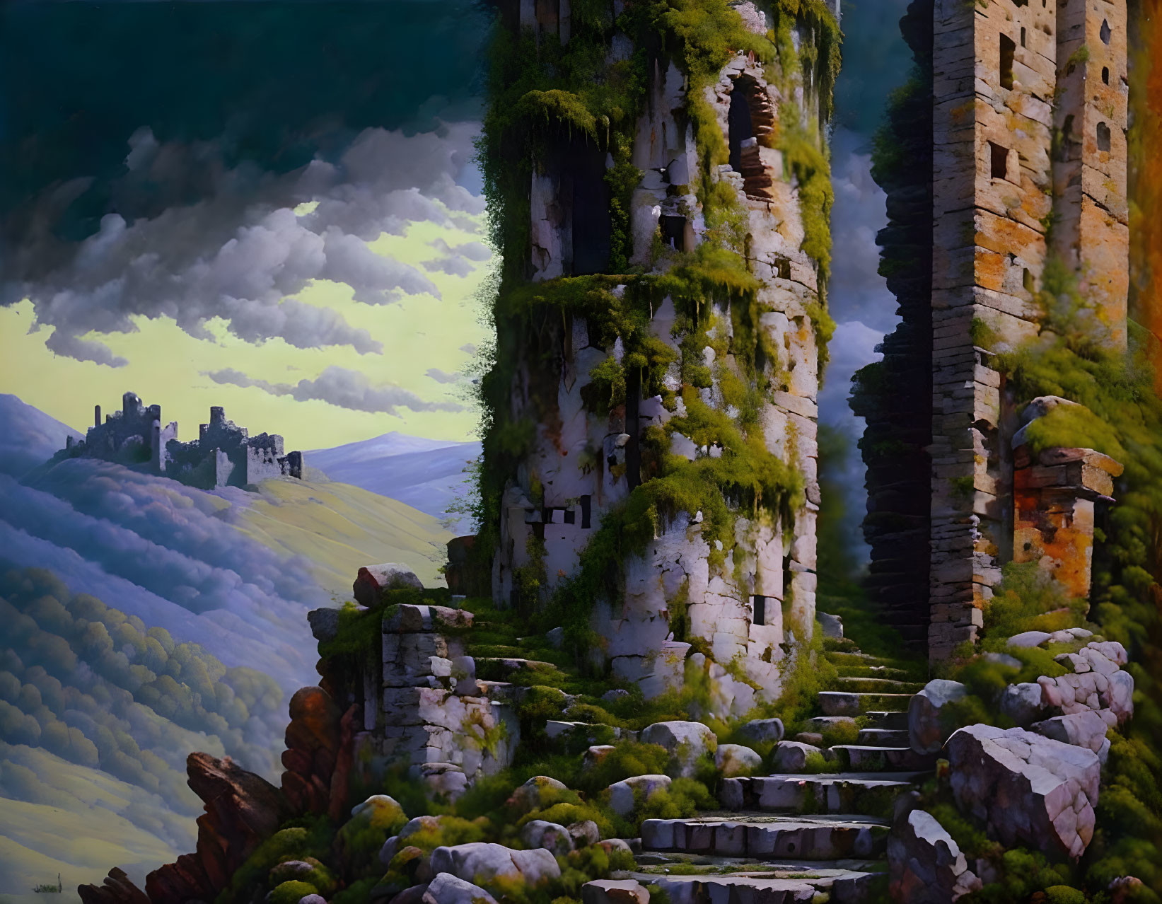 Fantastical landscape with ancient ruins and moss-covered towers