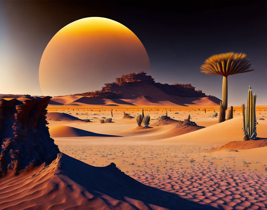 Surreal desert landscape with oversized moon and alien-like flora