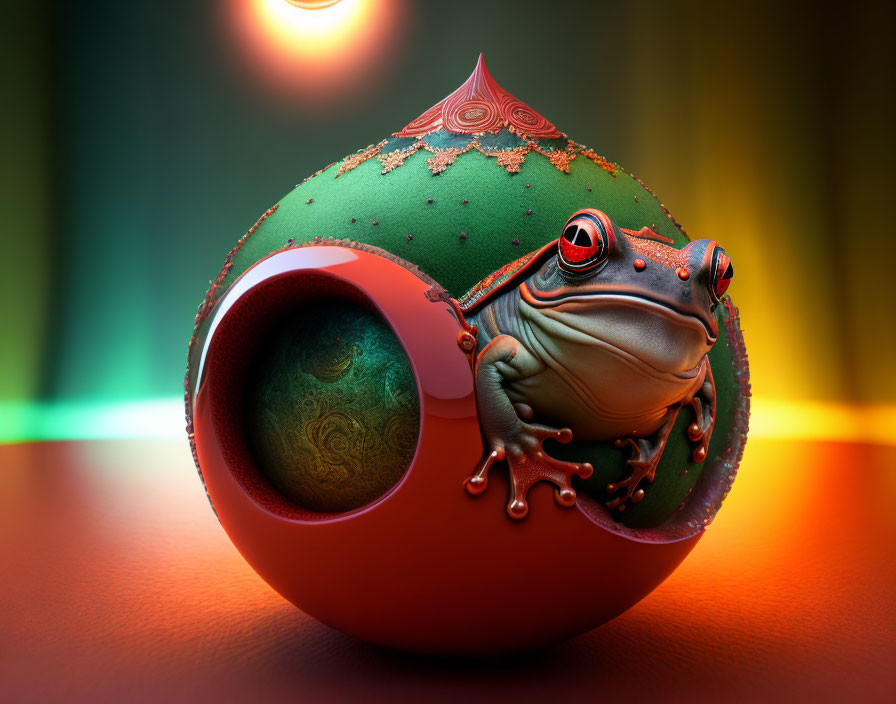 Colorful stylized frog on decorated sphere in surreal setting