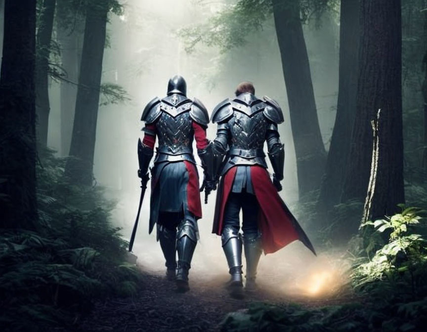 Armored knights in misty forest with sword and sunlight.