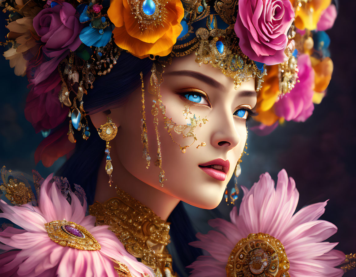 Detailed portrait of woman with floral crown and gold jewelry