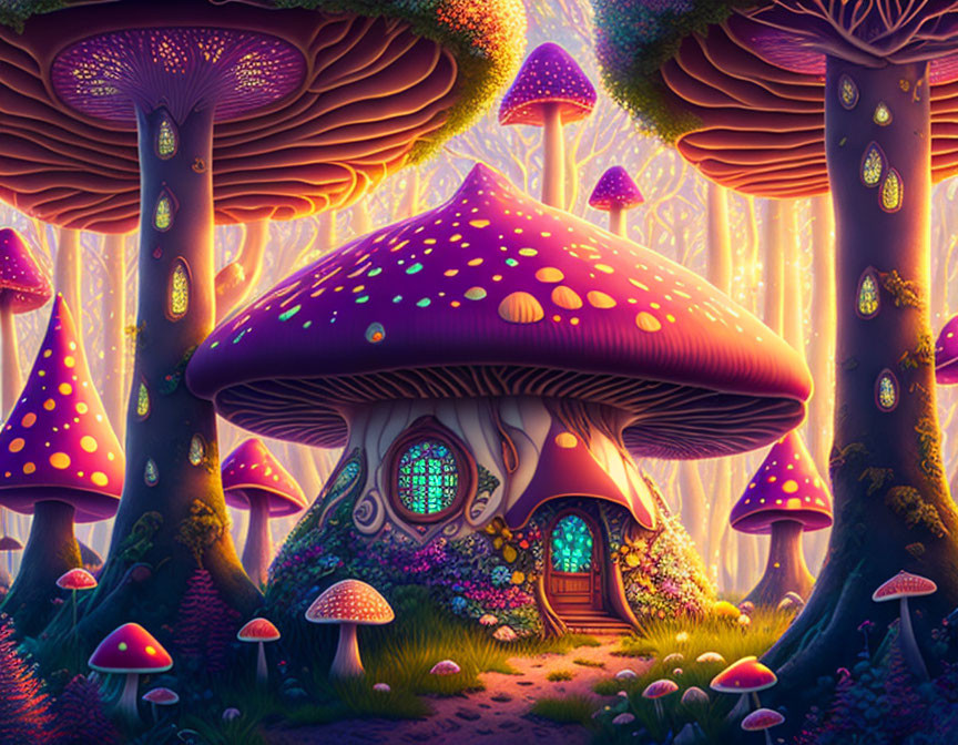 Fantasy forest with whimsical mushroom houses and glowing lights