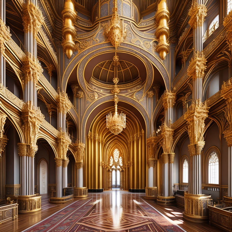 Luxurious Hall with Golden Columns, Arches, Chandeliers, and Intricate Designs